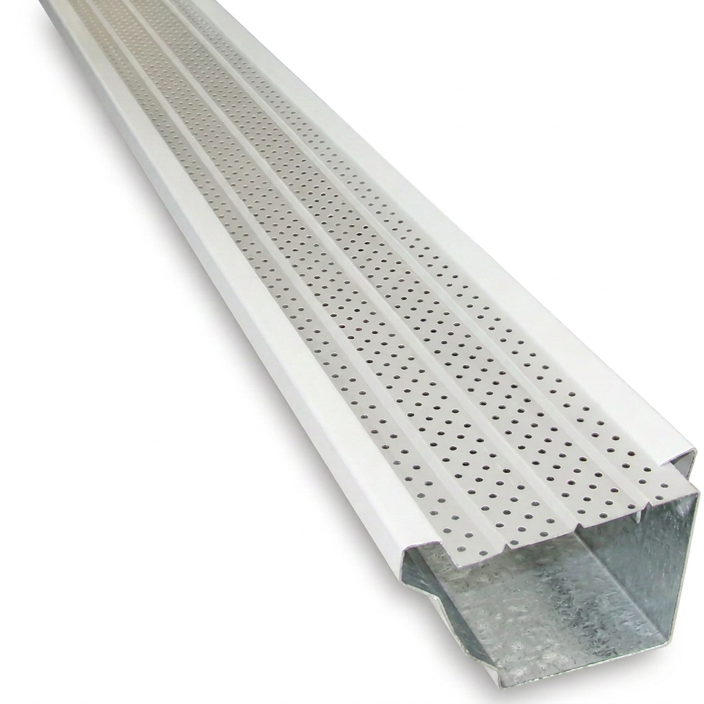 White perforated metal gutter guard fastened to a gutter